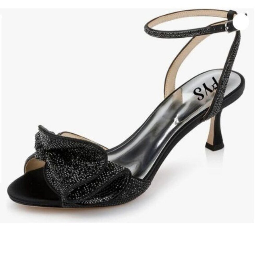 FYS Women Rhinestones Bow Peep Toe Low Kitten Heel Ankle Strap Sandals Black